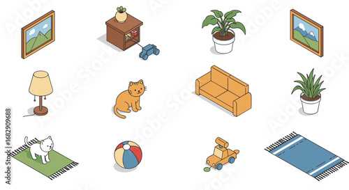 Isometric interior objects: home decor and playful elements with pets