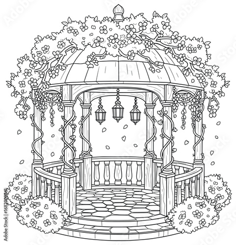 Gazebo vector illustration showing a decorative garden pavilion with lanterns vines and flowers designed as an elegant outdoor architectural artwork for design projects