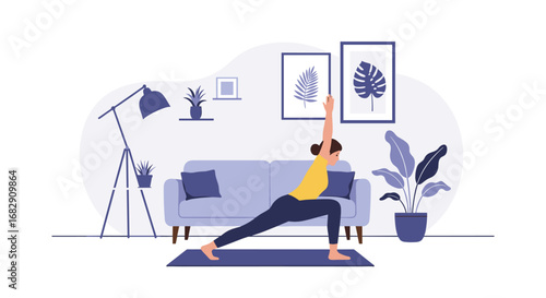 Woman practicing yoga at home in modern living room