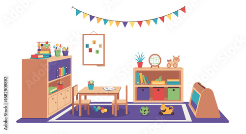 Colorful playroom with toys and furniture featuring educational decor and organization