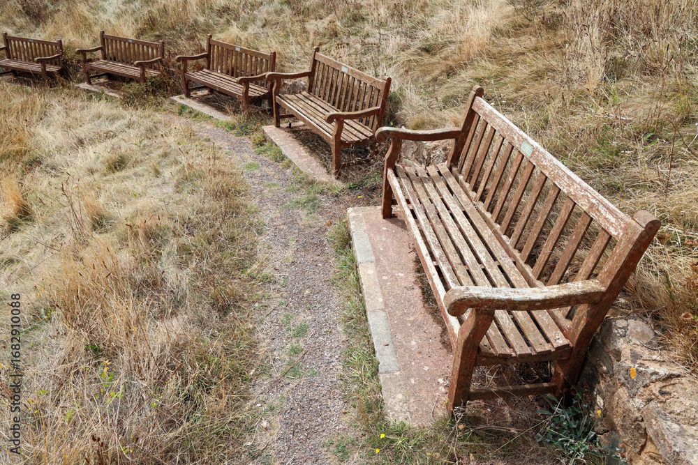 Fototapeta premium Row of wooden benches on the coastal path outside Sidmouth, East Devon