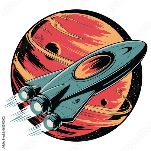 Teal spaceship flying past red planet spacecraft stars