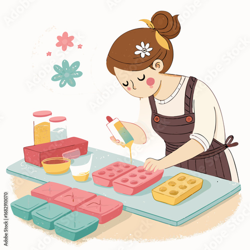 A young woman carefully making handmade soap at her workshop table.