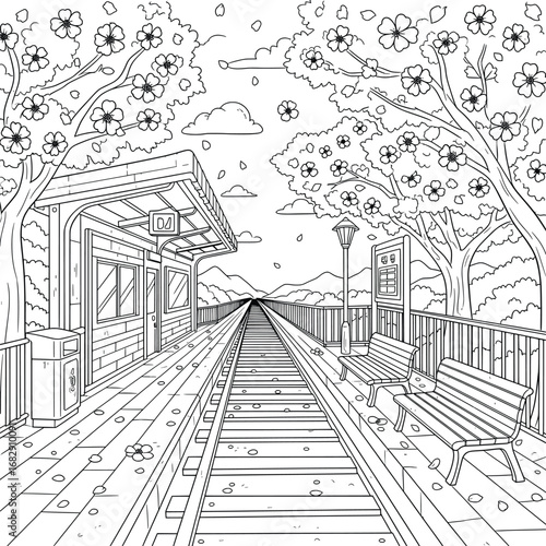 Train station vector illustration depicting a quiet railway platform with benches, lamp posts, trees and distant mountains designed as relaxing decorative artwork