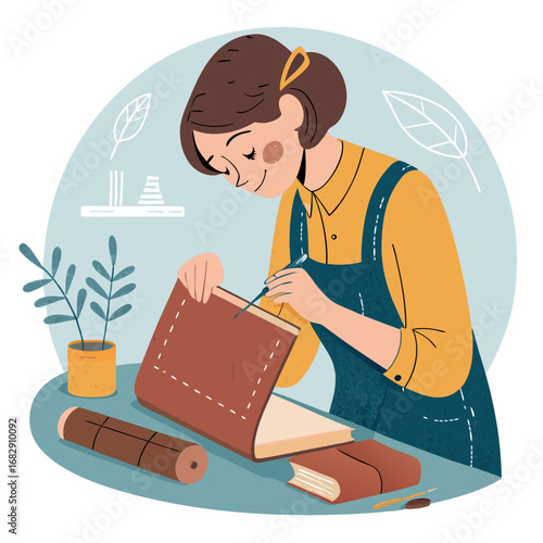 A Young Woman Engaged in the Traditional Craft of Bookbinding.