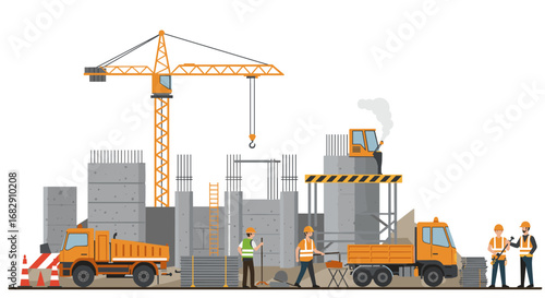 Construction site with workers and equipment in flat design