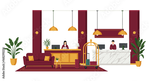 Modern hotel lobby interior with receptionists and luggage carts in flat design