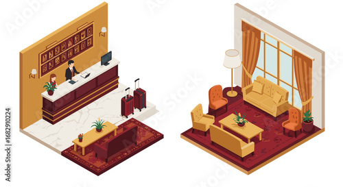 Modern hotel interior with reception desk and cozy lounge in isometric style