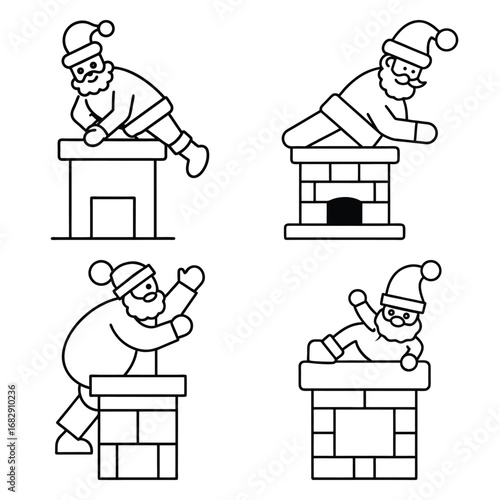 santa chimney vector line art icon set