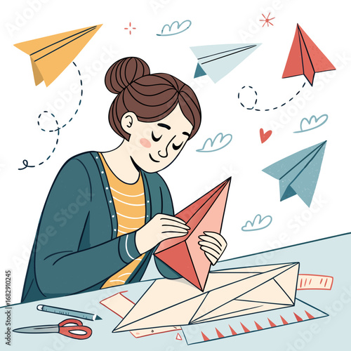 A young woman happily folding colorful paper airplanes at her desk.