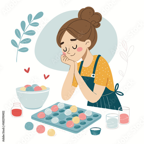 A young woman lovingly prepares colorful traditional Asian sweets.