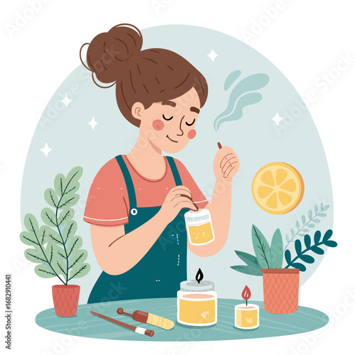 A young woman making handmade aromatic candles at home.