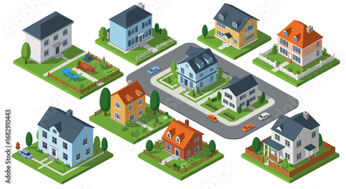 Isometric suburban neighborhood with colorful houses and streets