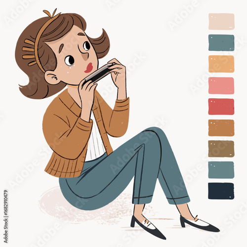 A young woman in vintage clothing sits and plays a harmonica.