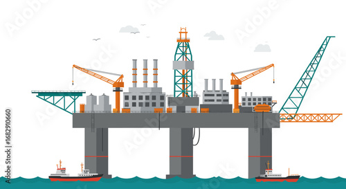 Offshore oil rig with industrial machinery and cargo ships in flat design