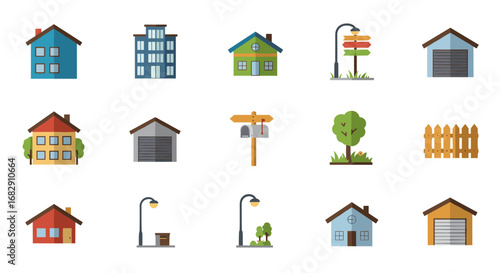 Assorted buildings and outdoor elements collection in flat design style