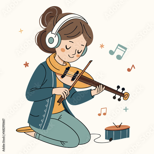 A young woman with headphones enjoys playing the violin.