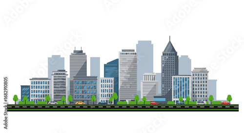 Urban skyline with modern skyscrapers and road in flat design
