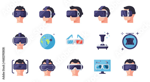 Virtual reality and technology icons set featuring headsets and gadgets