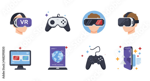 Flat style virtual reality and gaming elements set with headsets and controllers