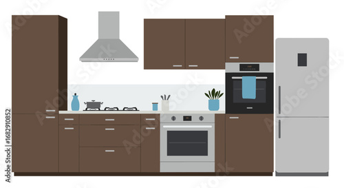 Modern flat kitchen design with appliances and cabinets