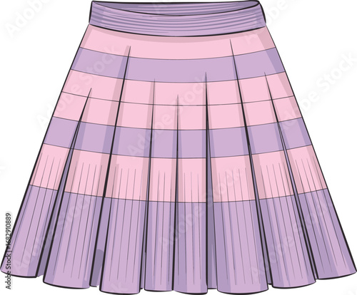 Pleated skirt fashion flat vector drawing, CAD garment design, colorful striped skirt illustration, women's clothing template, detailed casual apparel sketch