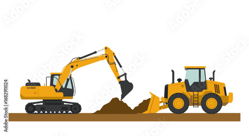 Construction machinery with excavator and bulldozer on a worksite