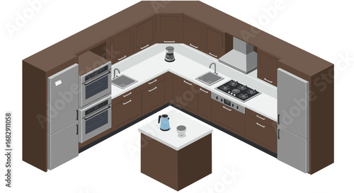 Modern l-shaped kitchen design with appliances and island in isometric view