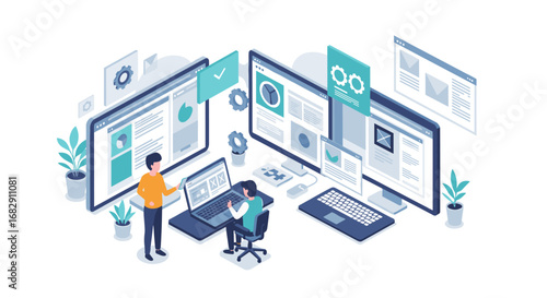 Team collaboration in a modern office with multiple screens and digital workflow