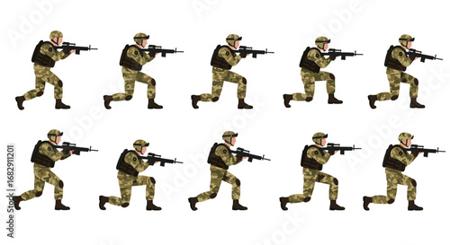 Military soldiers in camouflage uniform running and aiming rifles in tactical formation