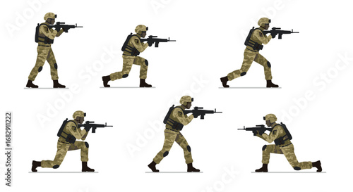 Detailed military soldiers posing with rifles in tactical formation