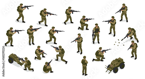 Isometric military soldiers and equipment in various combat poses