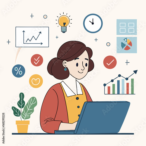 Businesswoman analyzing data on her laptop with infographics.