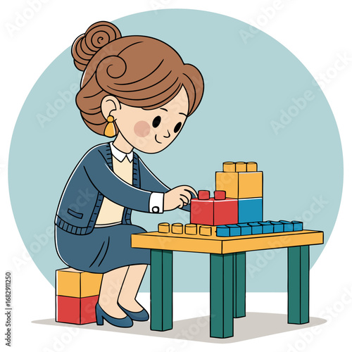 Businesswoman strategically building a structure with colorful blocks.
