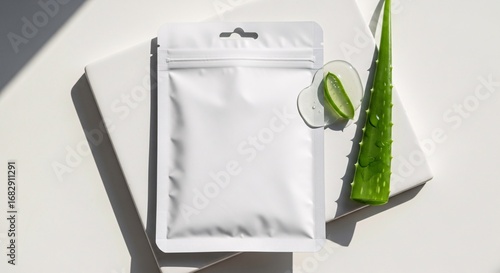 White pouch with aloe vera and water drops on a white surface