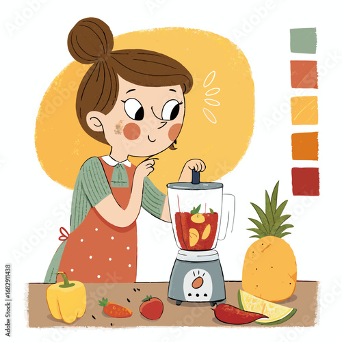 Cartoon girl in an apron making a delicious smoothie with pineapple and vegetables.