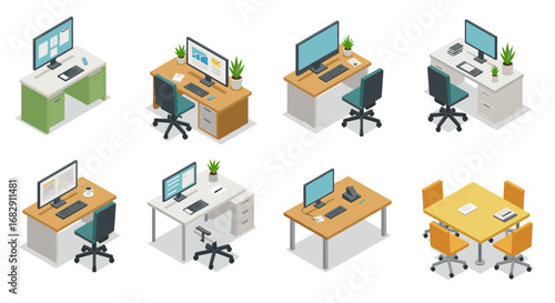 Modern office desk setups in isometric style featuring computers and furniture