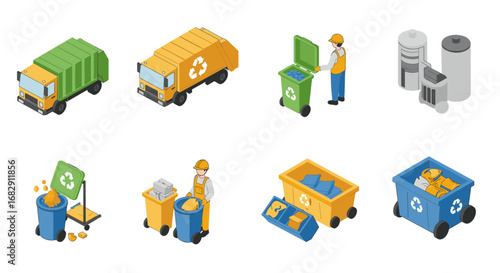 Isometric waste management: trucks, bins, and recycling in urban environments