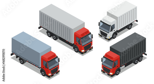 Isometric cargo trucks set with red cab and gray trailers