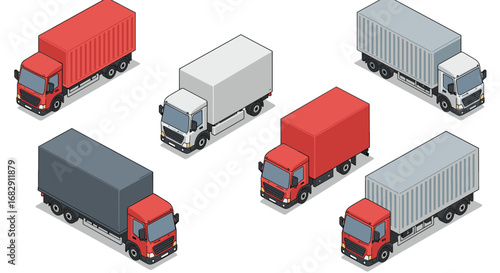 Isometric cargo delivery trucks in varied colors and styles for transport concepts