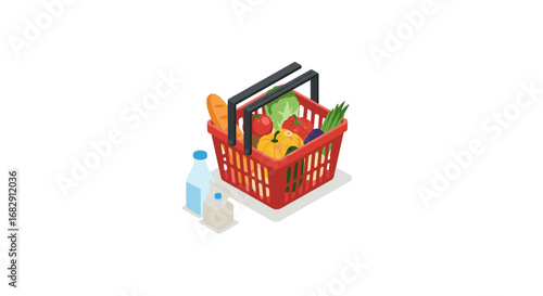 Isometric grocery basket with fresh produce and beverages on white background
