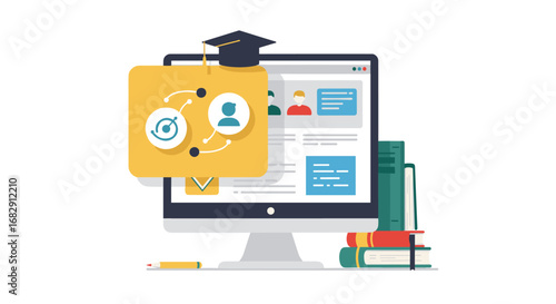 Online education concept with computer displaying digital learning tools and icons