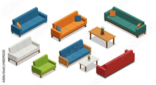 Isometric sofa collection with colorful designs and coffee tables on white background