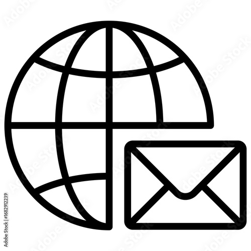 Global Mail Outline Icon Design Vector - Globe with envelope, representing worldwide email, international communication, or global messaging