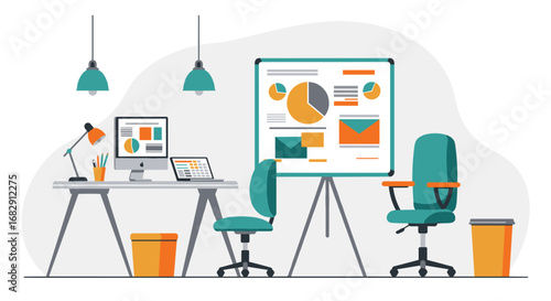 Modern office workspace with graph presentation in flat design