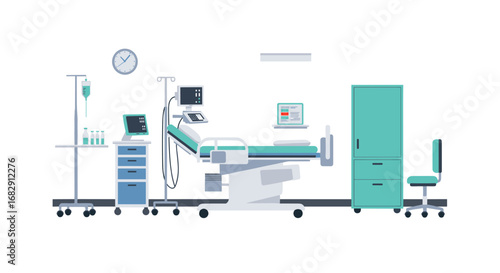 Modern hospital room equipment with medical devices and monitor display in flat design