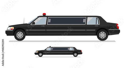 Elegant stretch limousine with police escort light side view