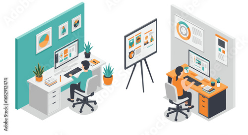 Isometric home office setup with modern workspace and technology elements