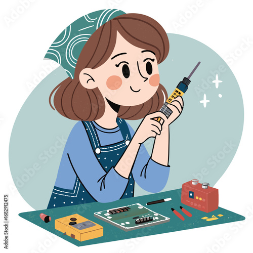 Cartoon illustration of a young woman soldering an electronic circuit board.