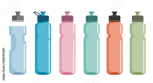 Colorful reusable water bottles with various lids in a row